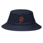 Front view of a navy colored bitcoin bucket hat.