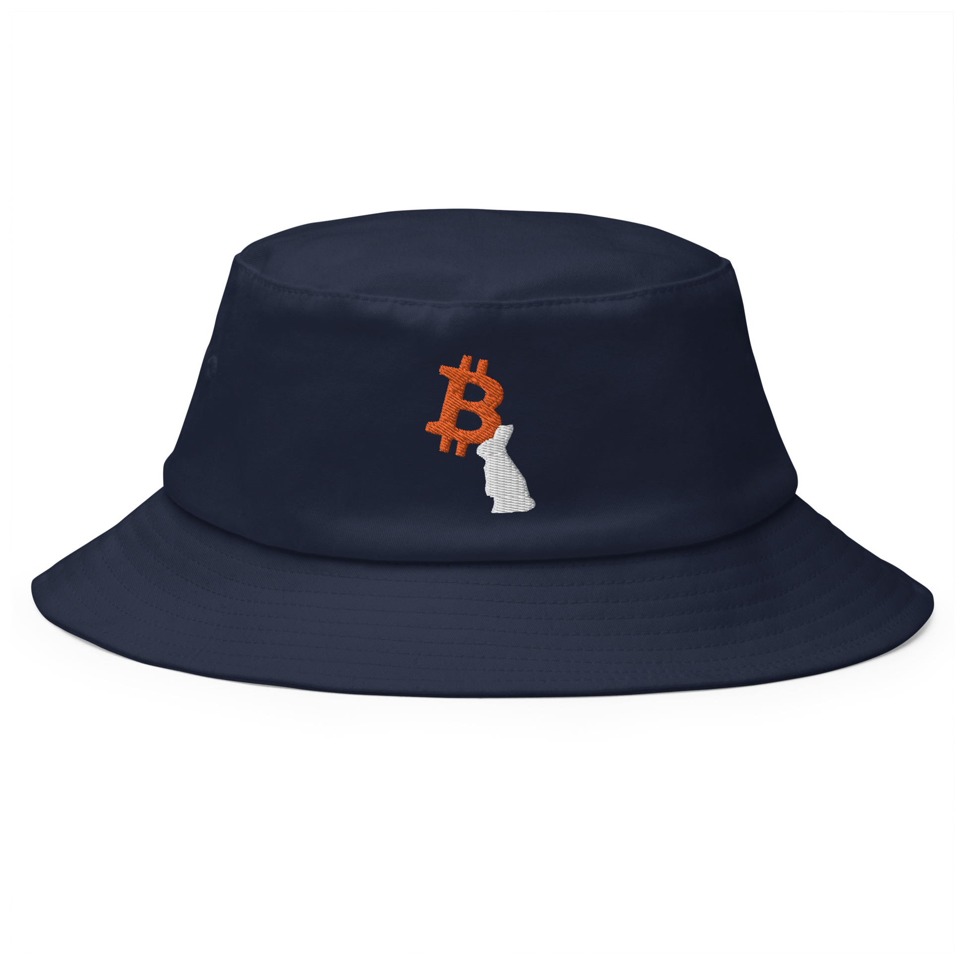 Front view of a navy colored bitcoin bucket hat.