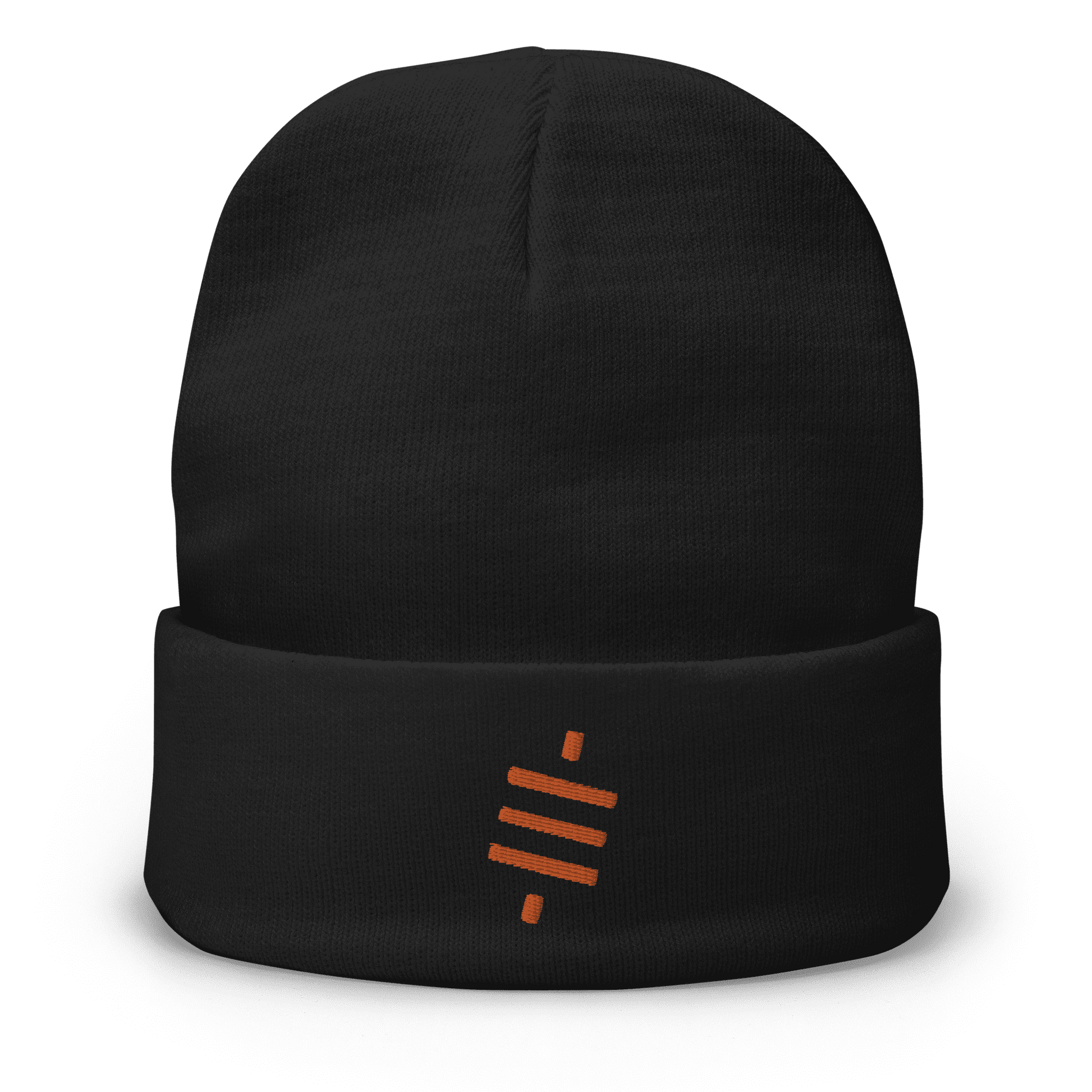 Front view of a black bitcoin beanie.