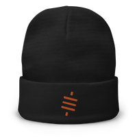 Black embroidered beanie featuring the orange sats symbol representing Bitcoin with a snug, breathable cotton blend design