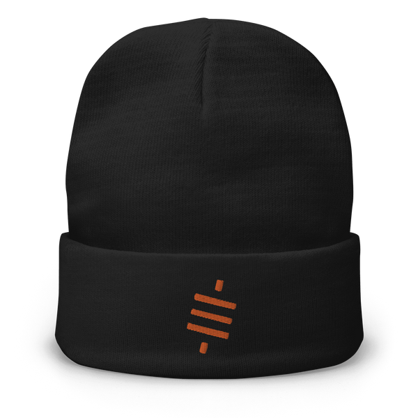 Black embroidered beanie featuring the orange sats symbol representing Bitcoin with a snug, breathable cotton blend design