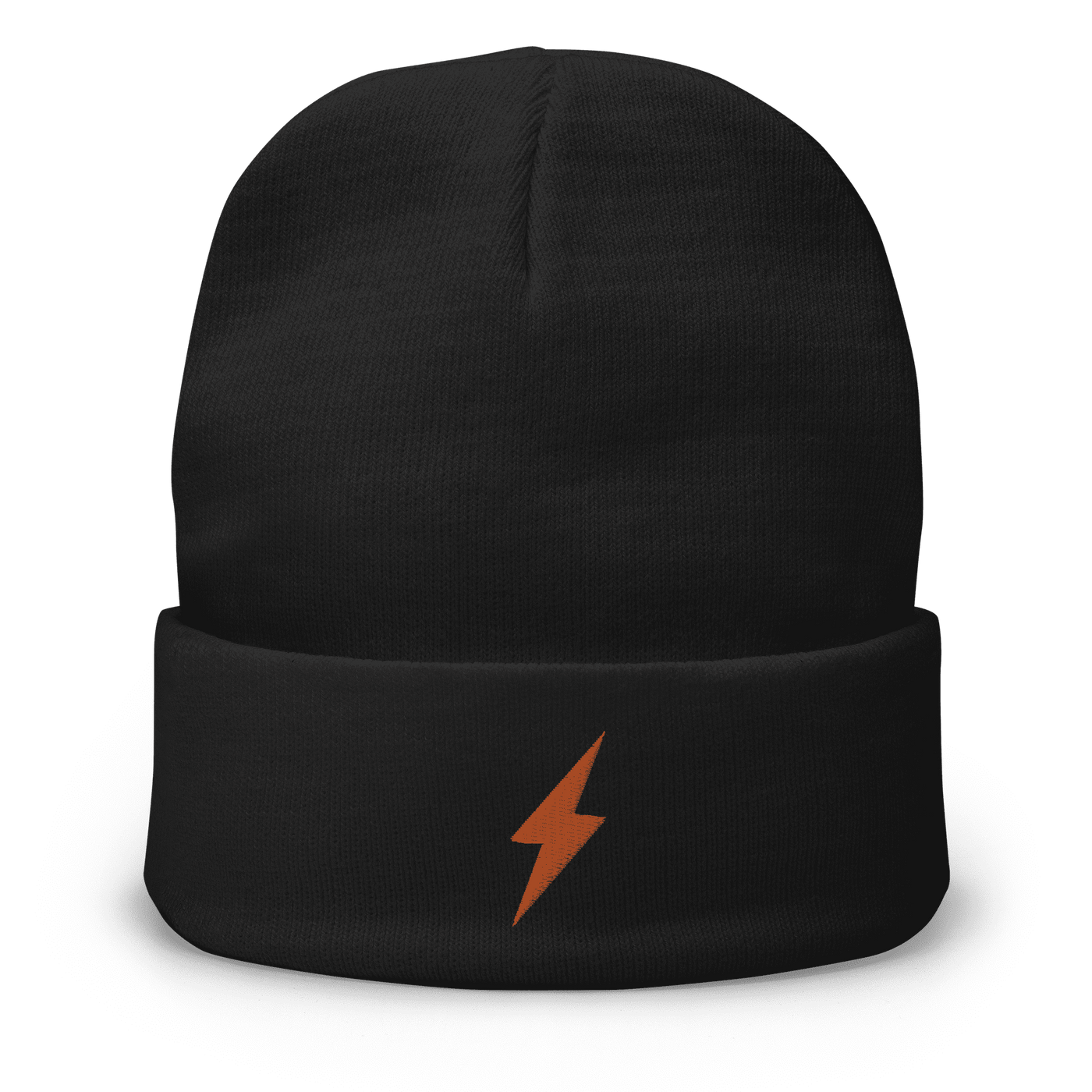 Black beanie with embroidered orange lightning bolt symbolizing Lightning payment protocol for bitcoin transactions.