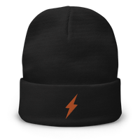 Black beanie with embroidered orange lightning bolt symbolizing Lightning payment protocol for bitcoin transactions.