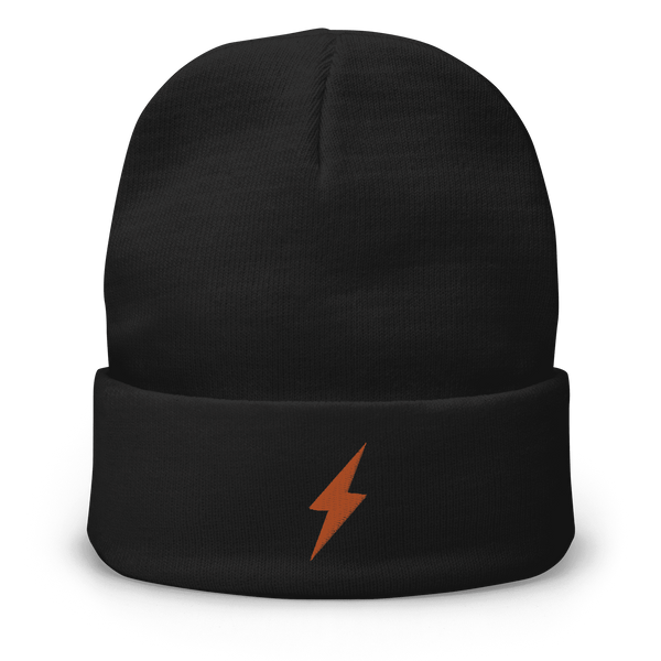 Black beanie with embroidered orange lightning bolt symbolizing Lightning payment protocol for bitcoin transactions.