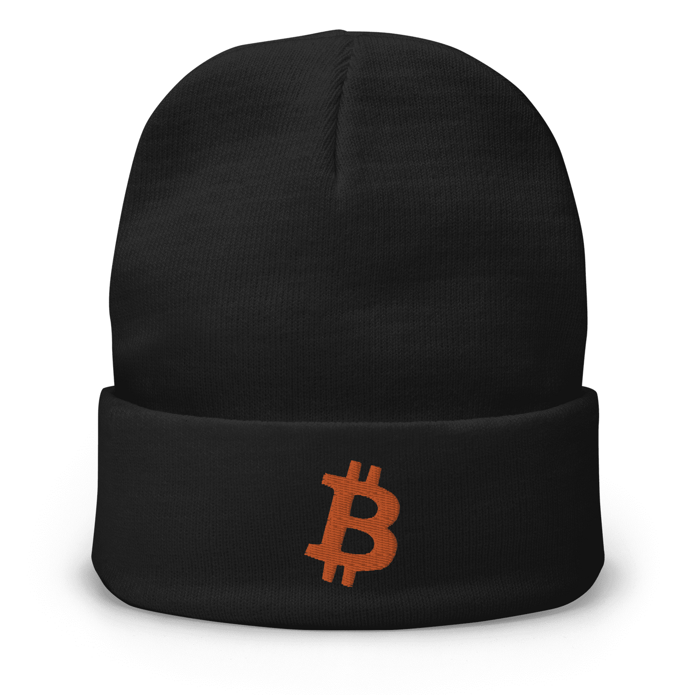 Black embroidered Bitcoin beanie with orange Bitcoin B logo, cotton blend, cozy and form-fitting design.