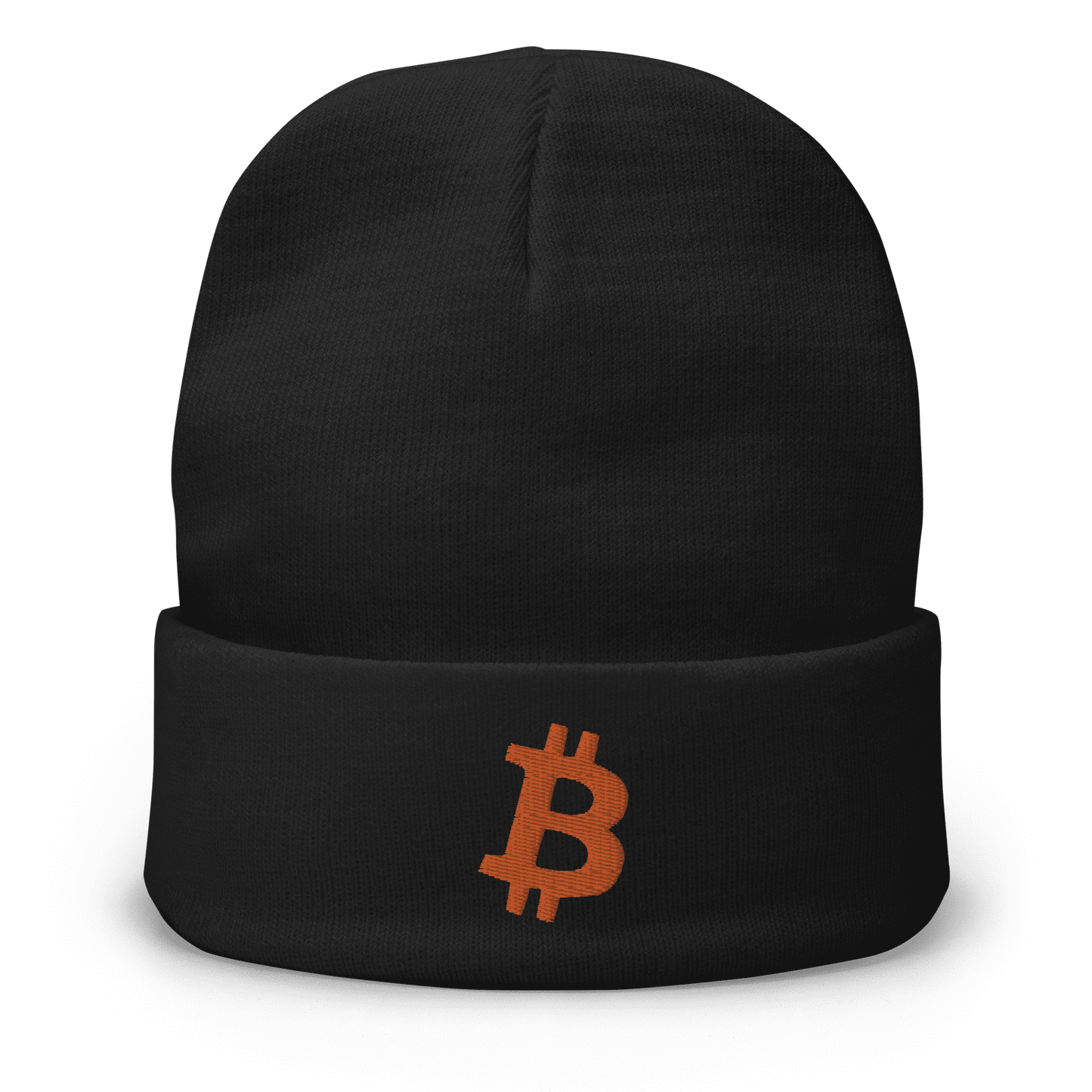 Front view of a black bitcoin beanie.