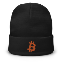 Black embroidered Bitcoin beanie with orange Bitcoin B logo, cotton blend, cozy and form-fitting design.