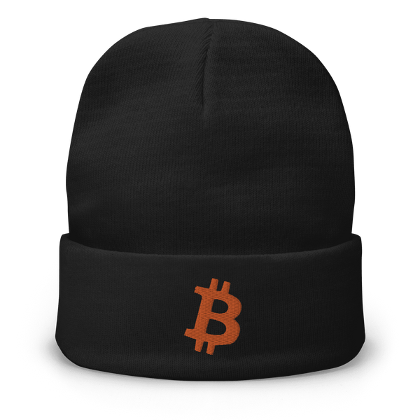 Black embroidered Bitcoin beanie with orange Bitcoin B logo, cotton blend, cozy and form-fitting design.