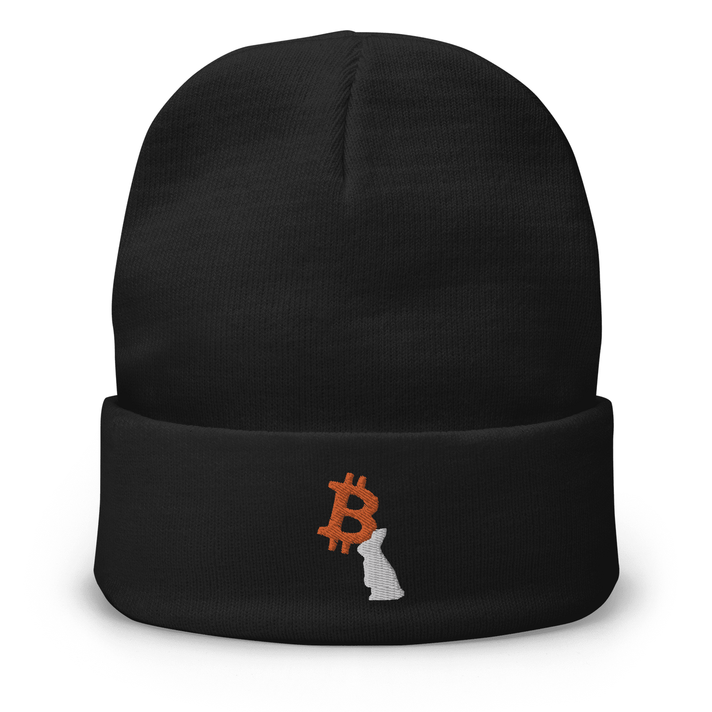 Black embroidered beanie with white rabbit and orange Bitcoin logo design, cozy and breathable cotton blend.