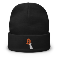 Black embroidered beanie with white rabbit and orange Bitcoin logo design, cozy and breathable cotton blend.