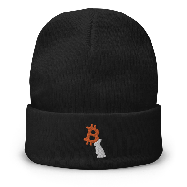 Black embroidered beanie with white rabbit and orange Bitcoin logo design, cozy and breathable cotton blend.