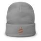 Front view of a grey bitcoin beanie.