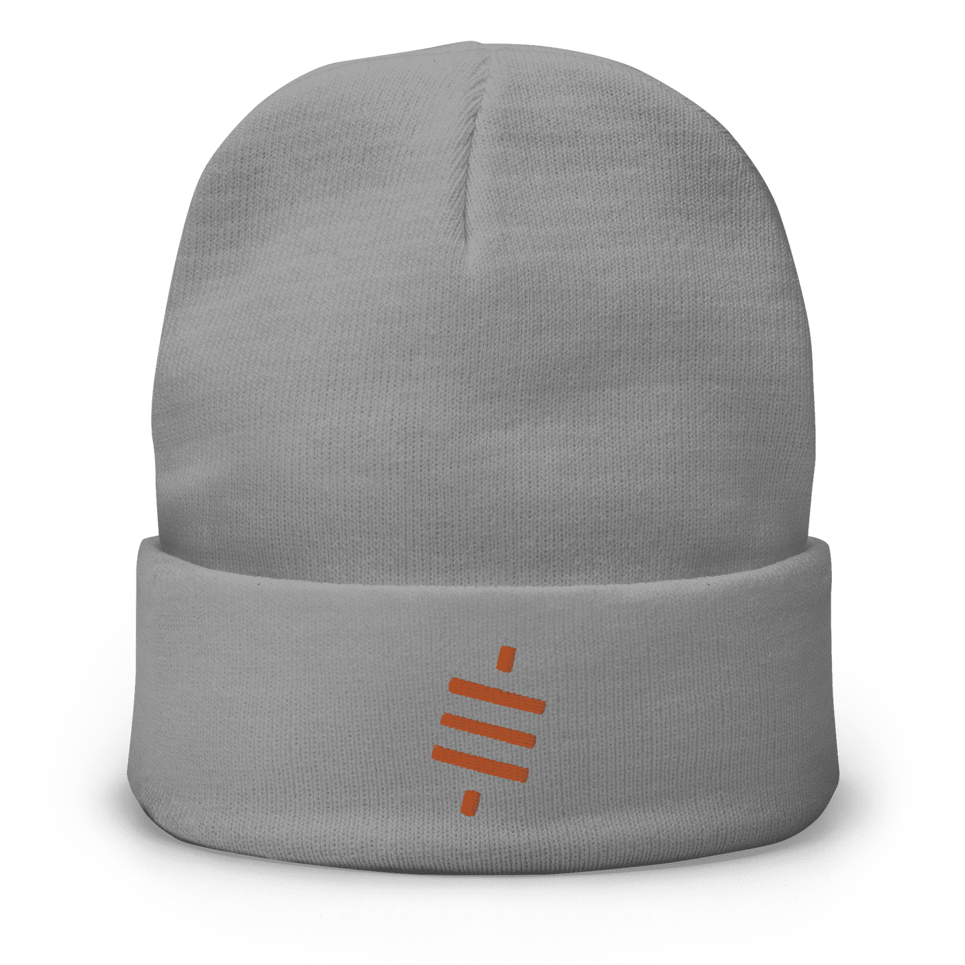 Gray beanie with embroidered orange Sats symbol representing bitcoin