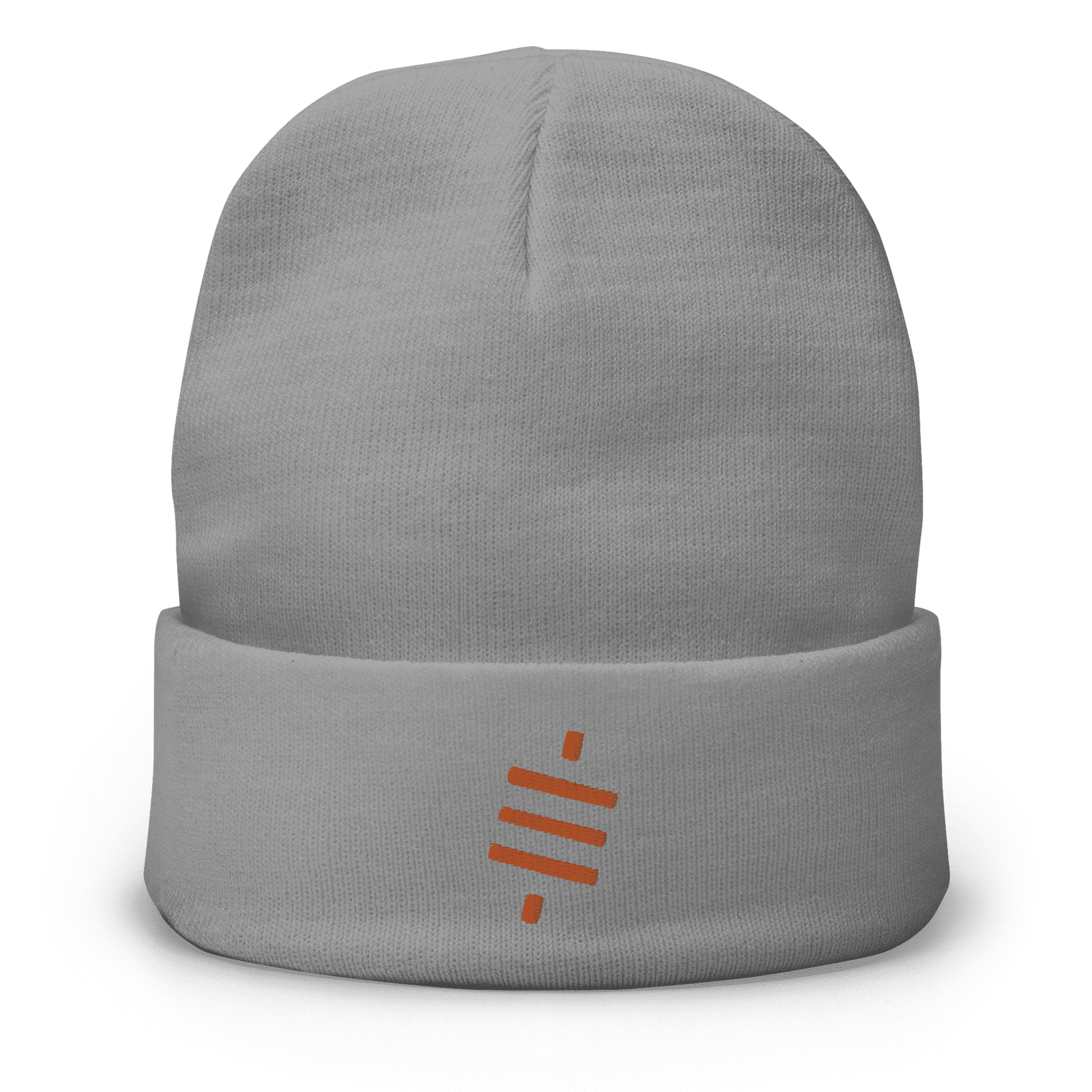 Front view of a grey bitcoin beanie.