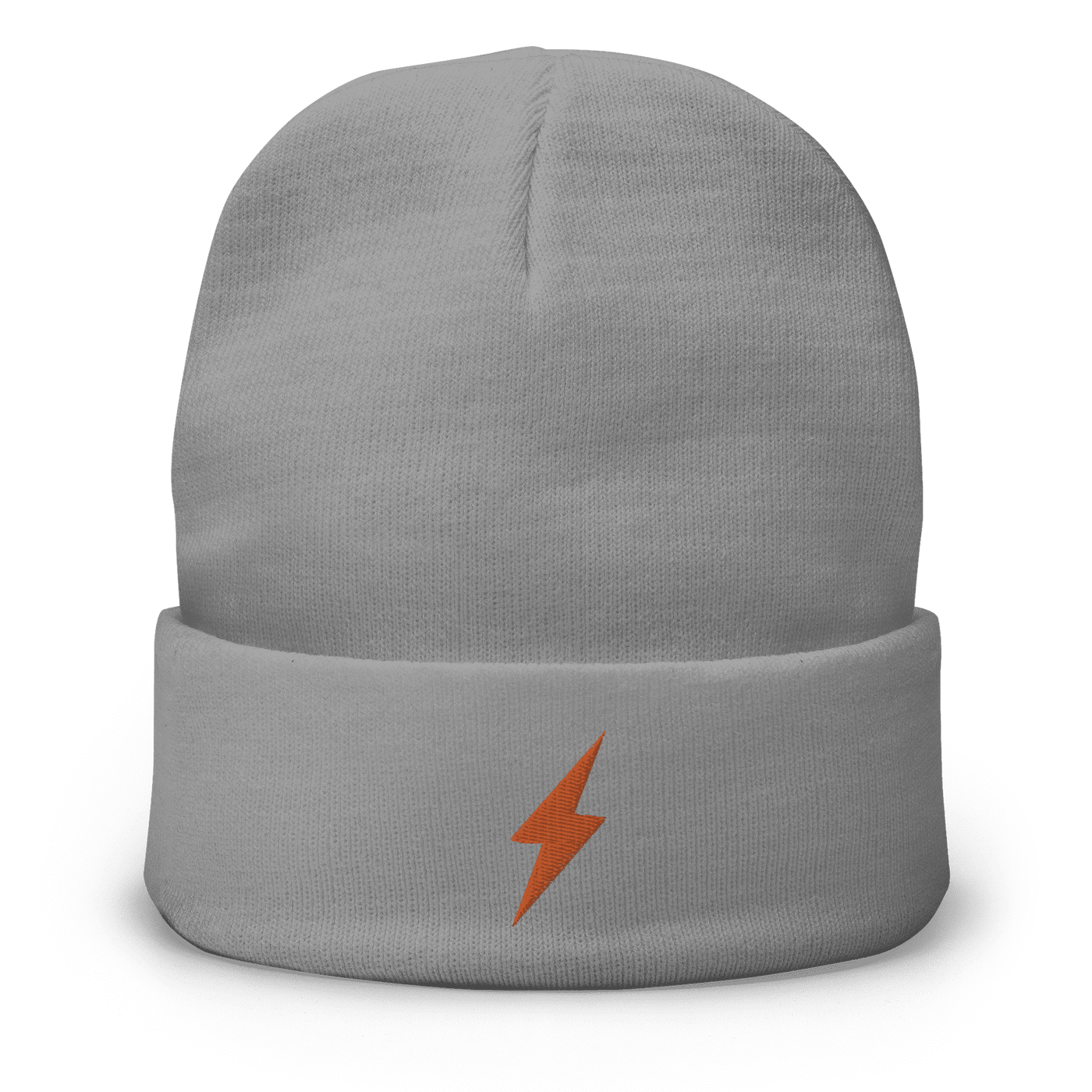 Gray beanie with embroidered orange lightning bolt symbol representing Lightning payment protocol for bitcoin transactions