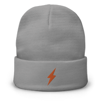 Gray beanie with embroidered orange lightning bolt symbol representing Lightning payment protocol for bitcoin transactions