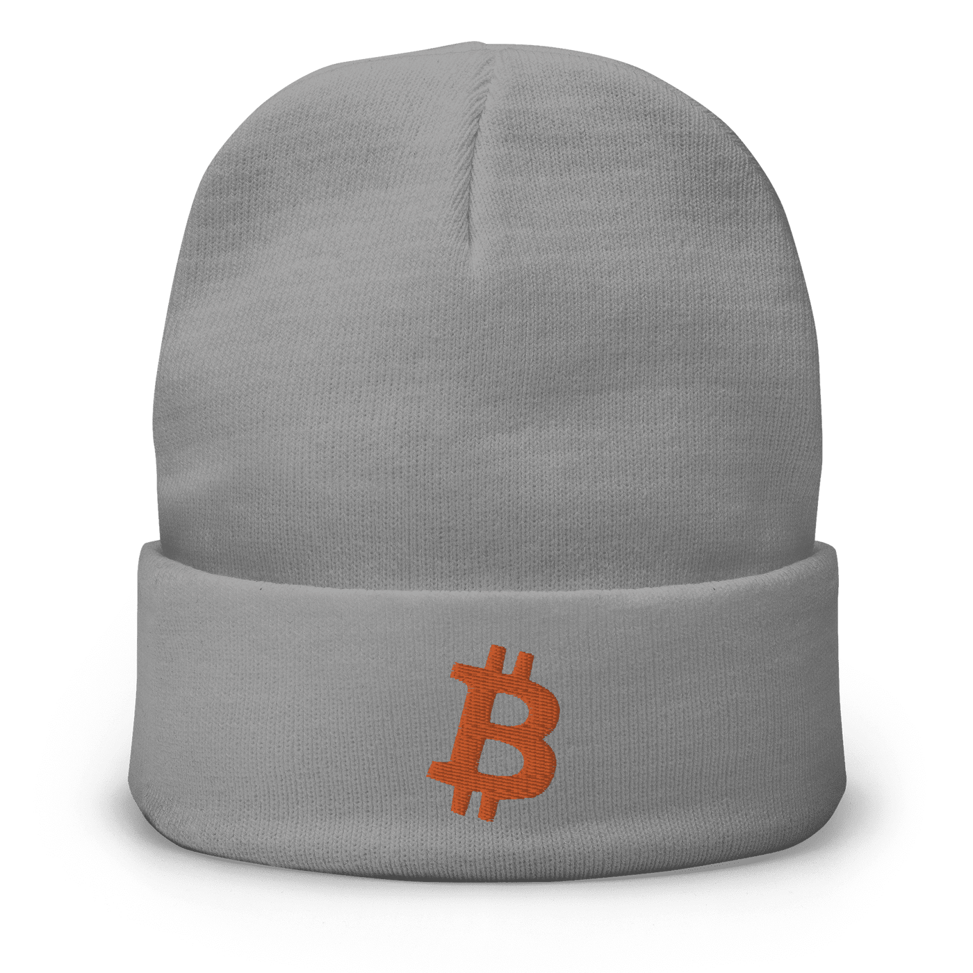Gray beanie with embroidered orange Bitcoin logo, snug and breathable cotton blend design