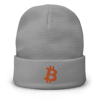 Gray beanie with embroidered orange Bitcoin logo, snug and breathable cotton blend design
