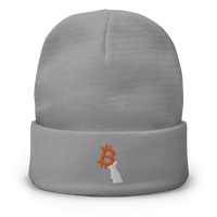 Front view of a grey bitcoin beanie.