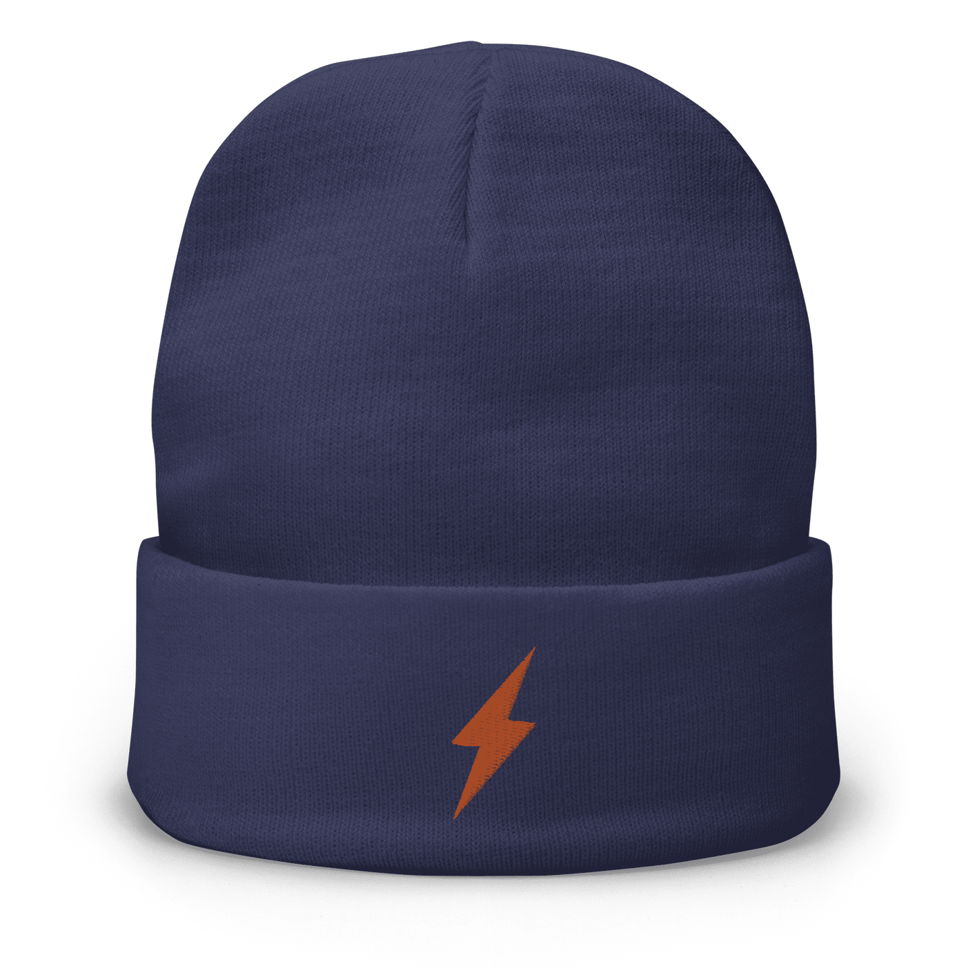 Navy blue beanie with embroidered orange lightning bolt symbolizing Lightning payment protocol for Bitcoin transactions