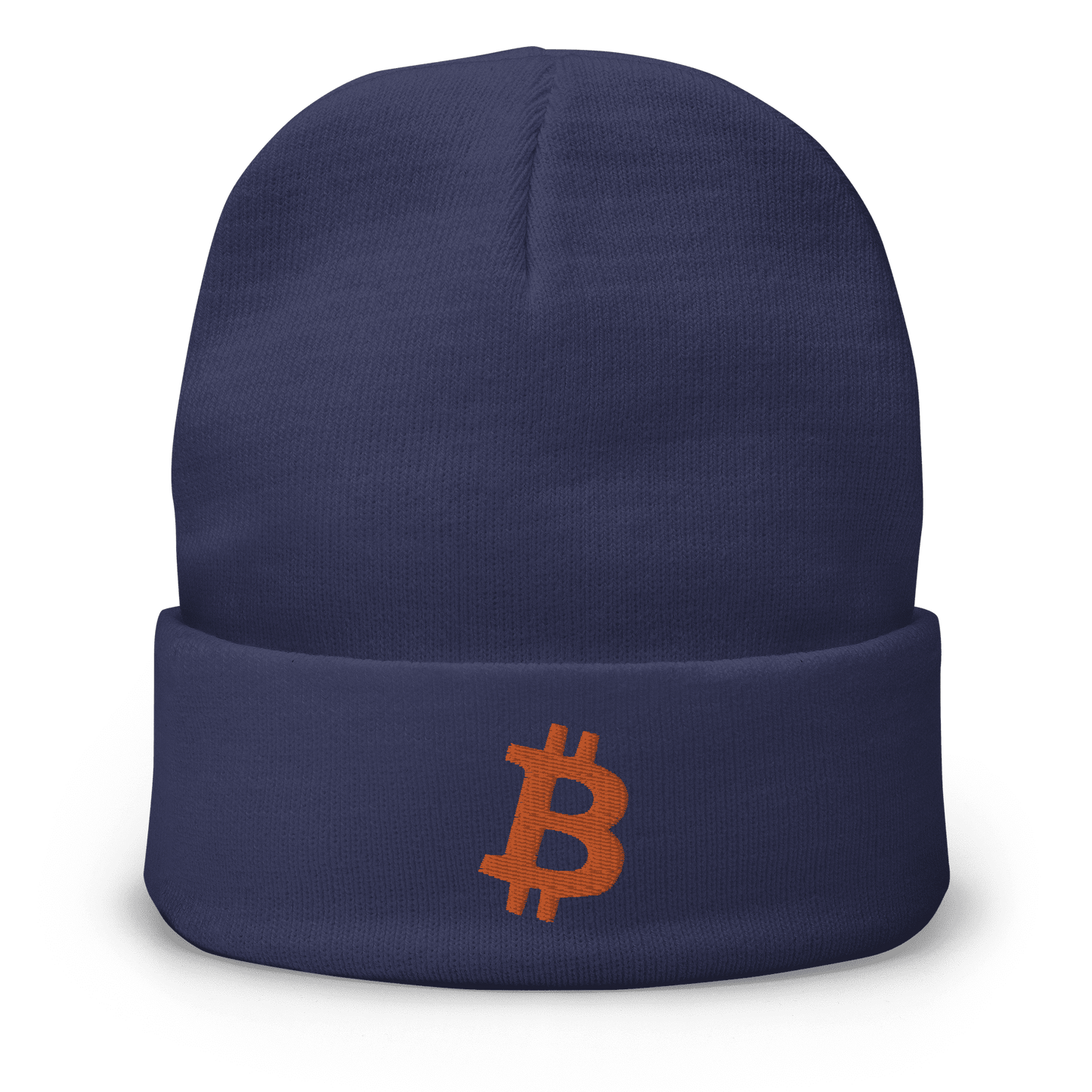 Front view of a navy colored bitcoin beanie.