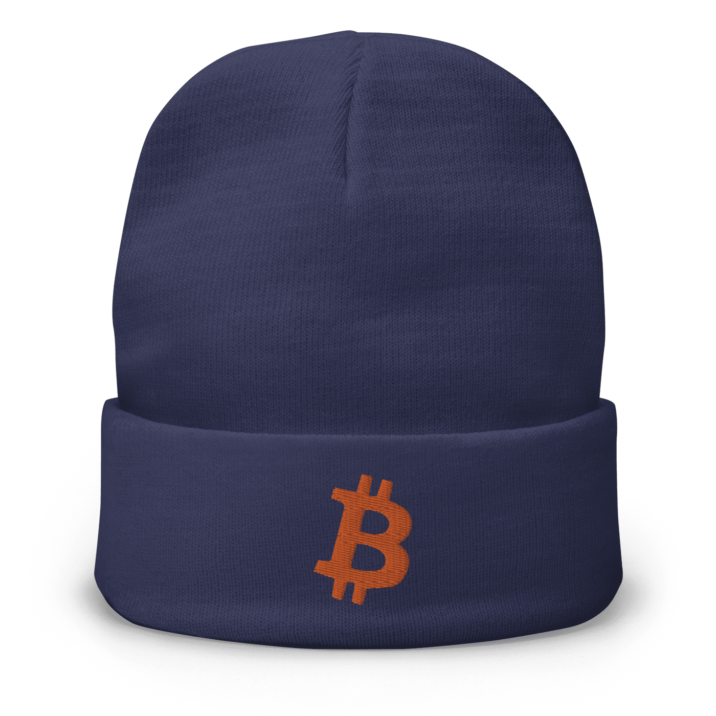 Navy blue embroidered beanie with orange Bitcoin B logo, cotton blend, snug fit.