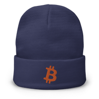 Navy blue embroidered beanie with orange Bitcoin B logo, cotton blend, snug fit.