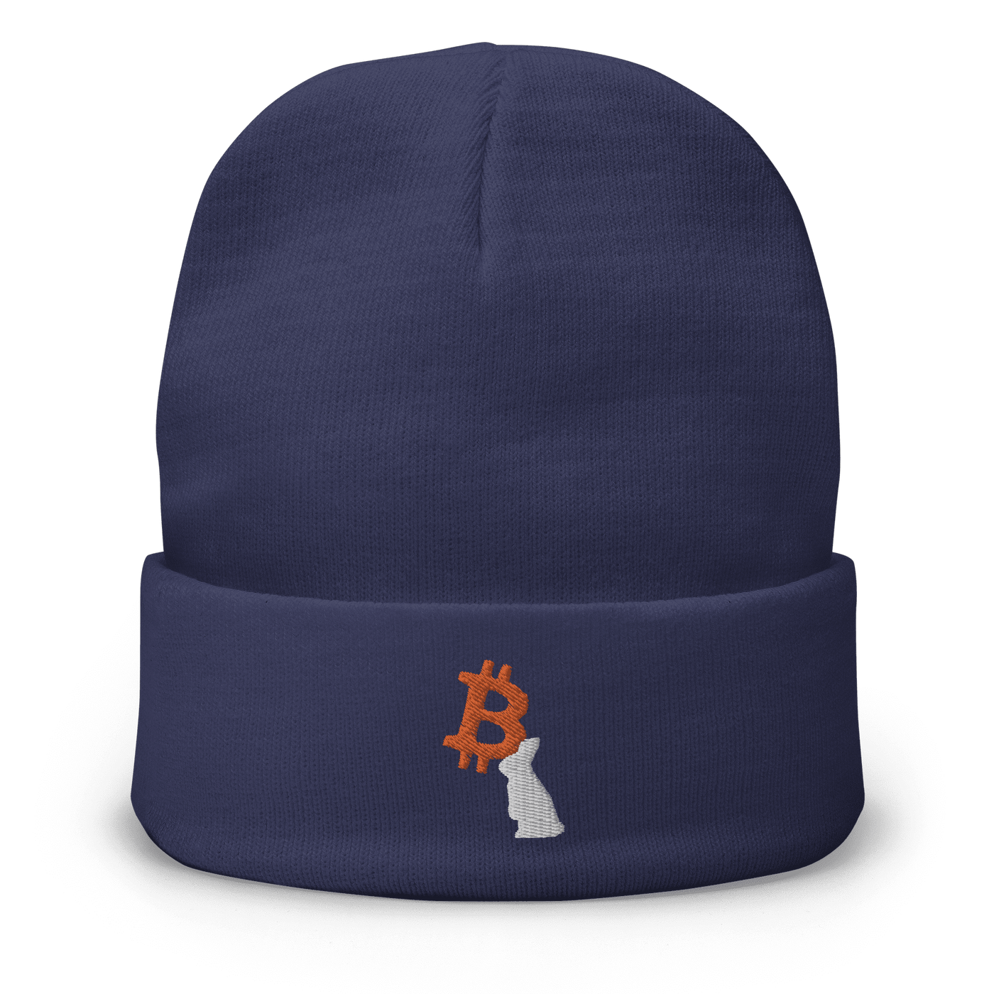 Navy blue beanie with embroidered white rabbit and orange Bitcoin logo, cozy and form-fitting knit hat.