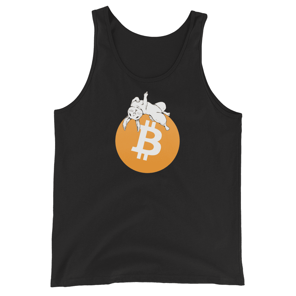 Front view of a black bitcoin tank top.