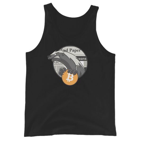 Front view of a black bitcoin tank top.