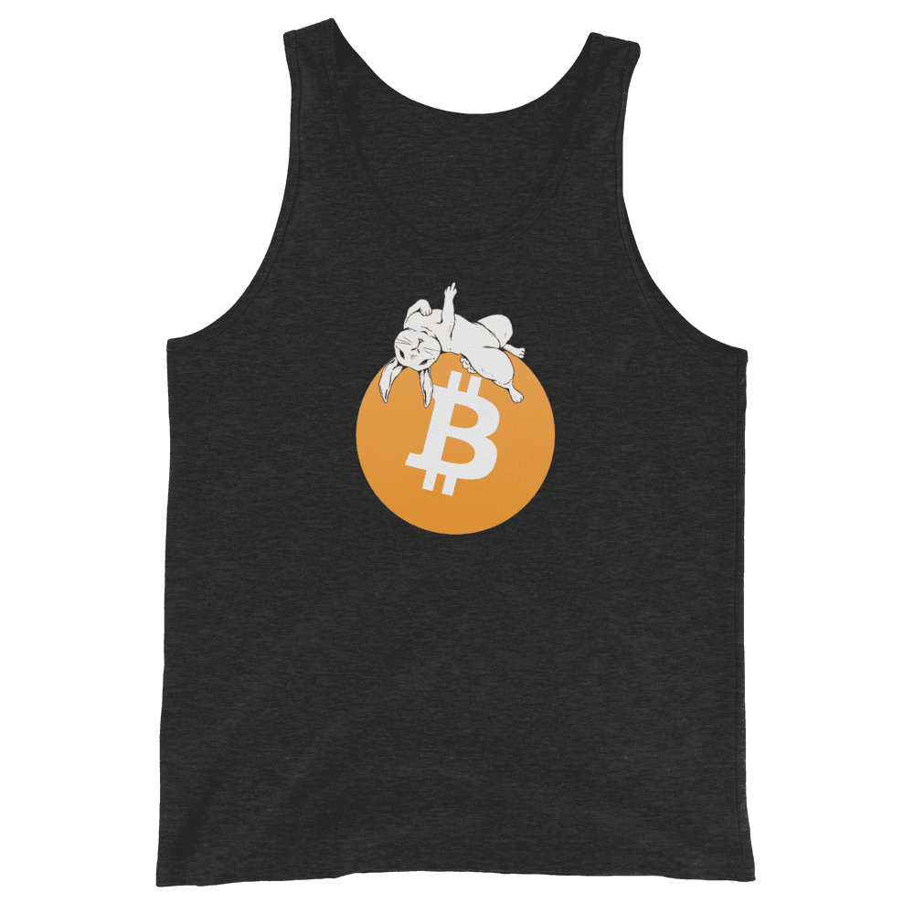 Front view of a charcoal black bitcoin tank top.