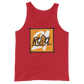 Front view of a red bitcoin tank top.