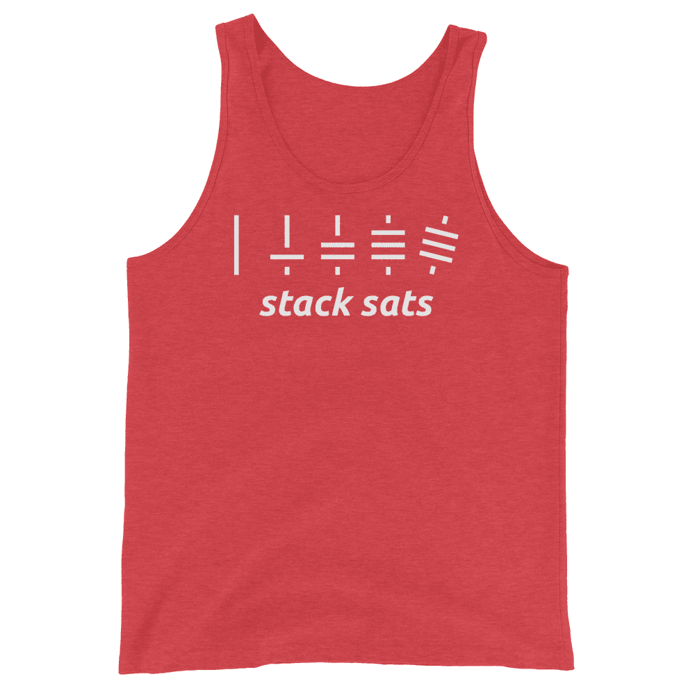 Front view of a red triblend bitcoin tank top.