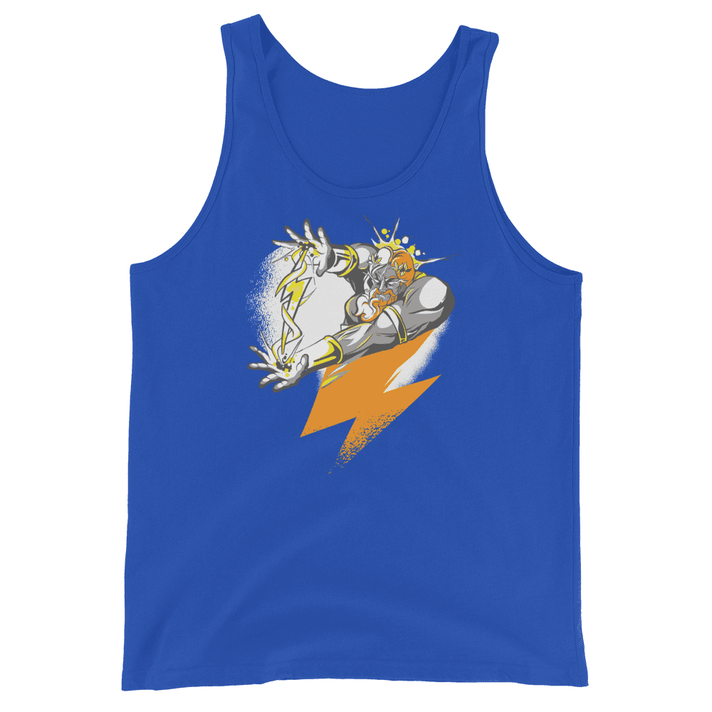 Front view of a royal blue bitcoin tank top.