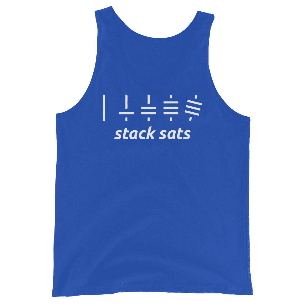 Front view of a royal blue bitcoin tank top.
