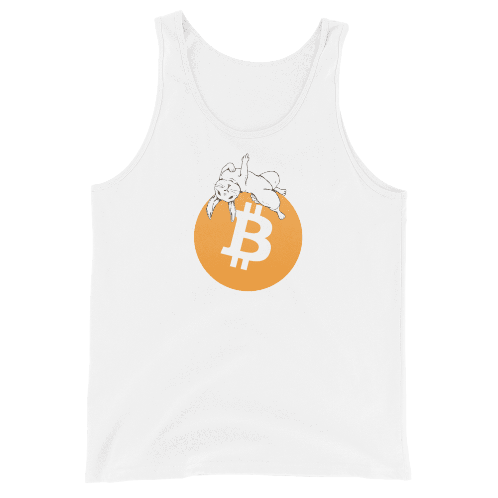 Front  view of a white bitcoin tank top.
