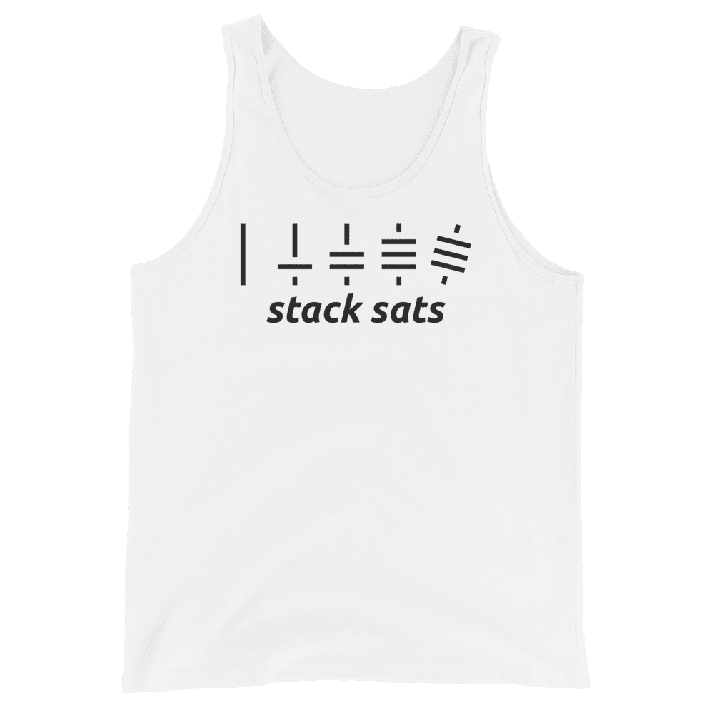 Front view of a white bitcoin tank top.