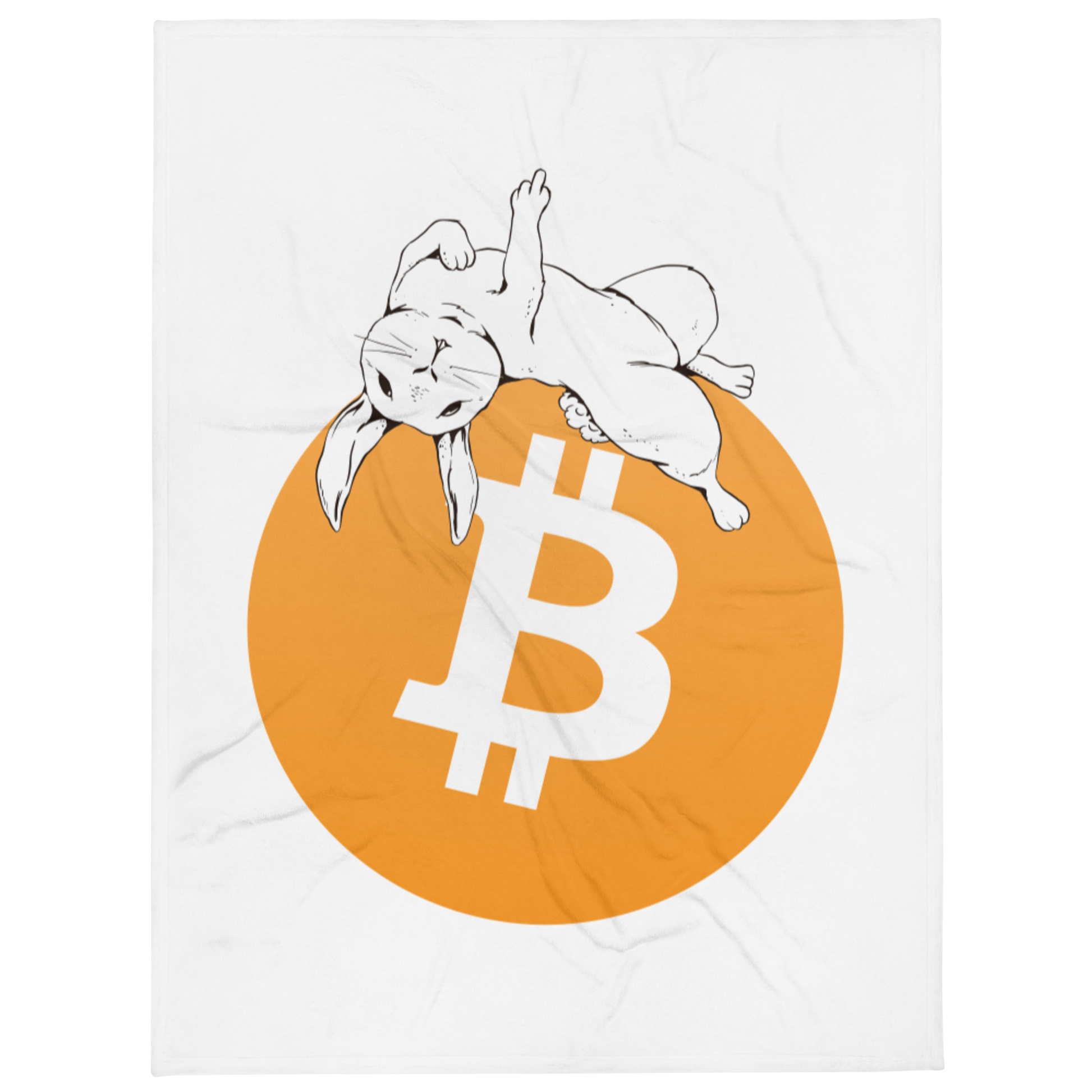 Front view of a white bitcoin blanket.