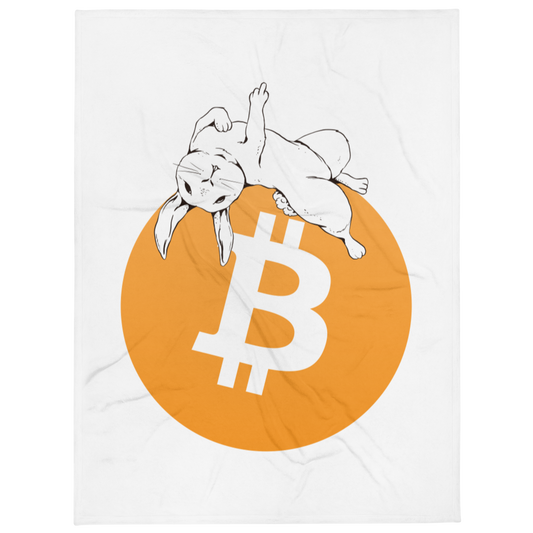 Front view of a white bitcoin blanket.