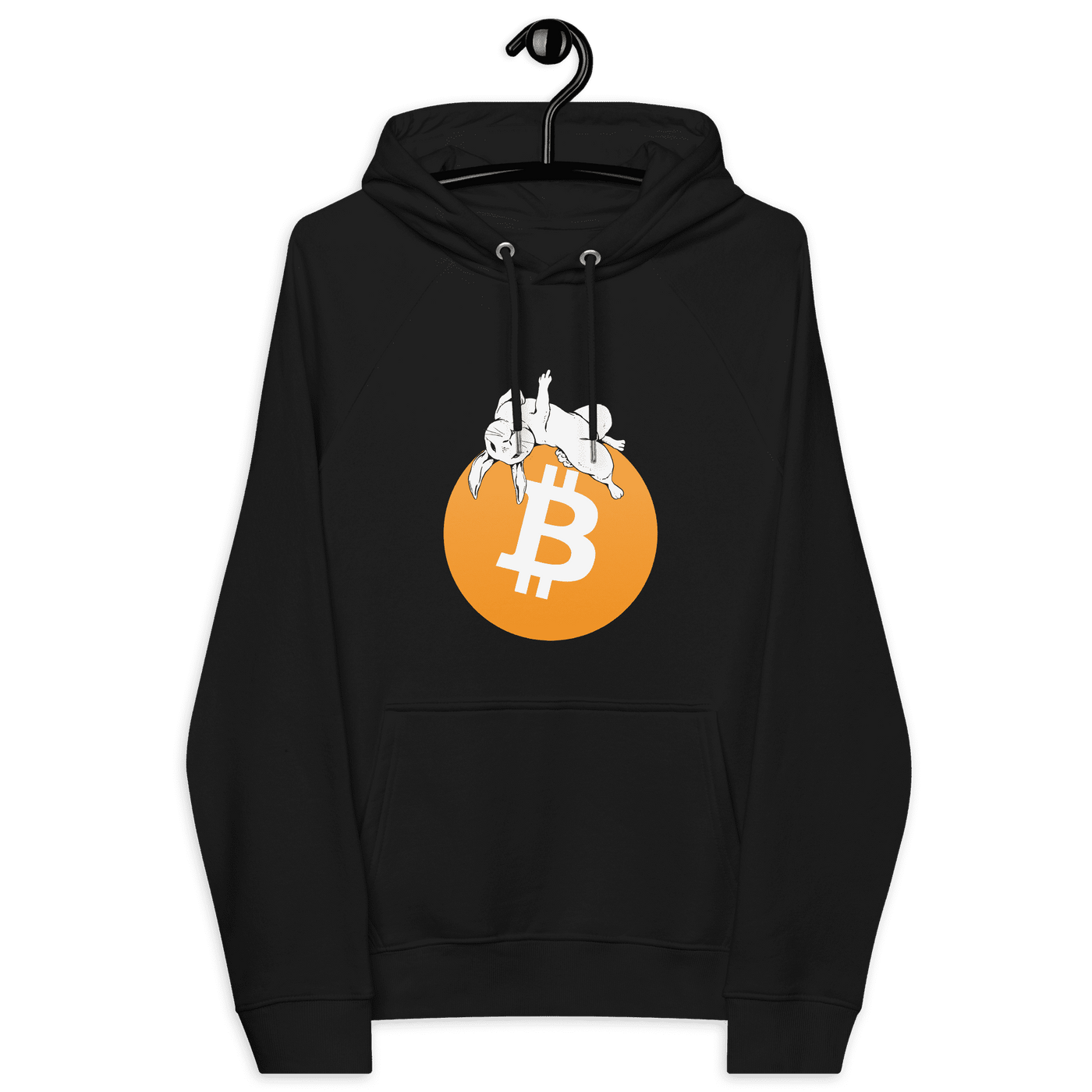 Black unisex bitcoin hoodie with white rabbit graphic on orange bitcoin symbol