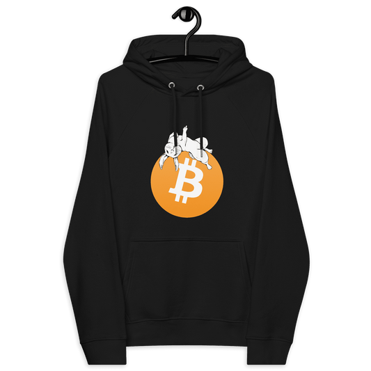 Front view of a black bitcoin hoodie.