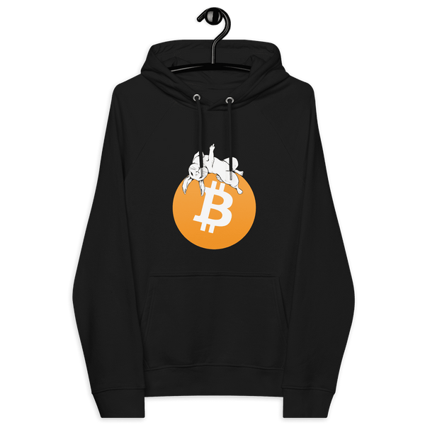 Black unisex bitcoin hoodie with white rabbit graphic on orange bitcoin symbol