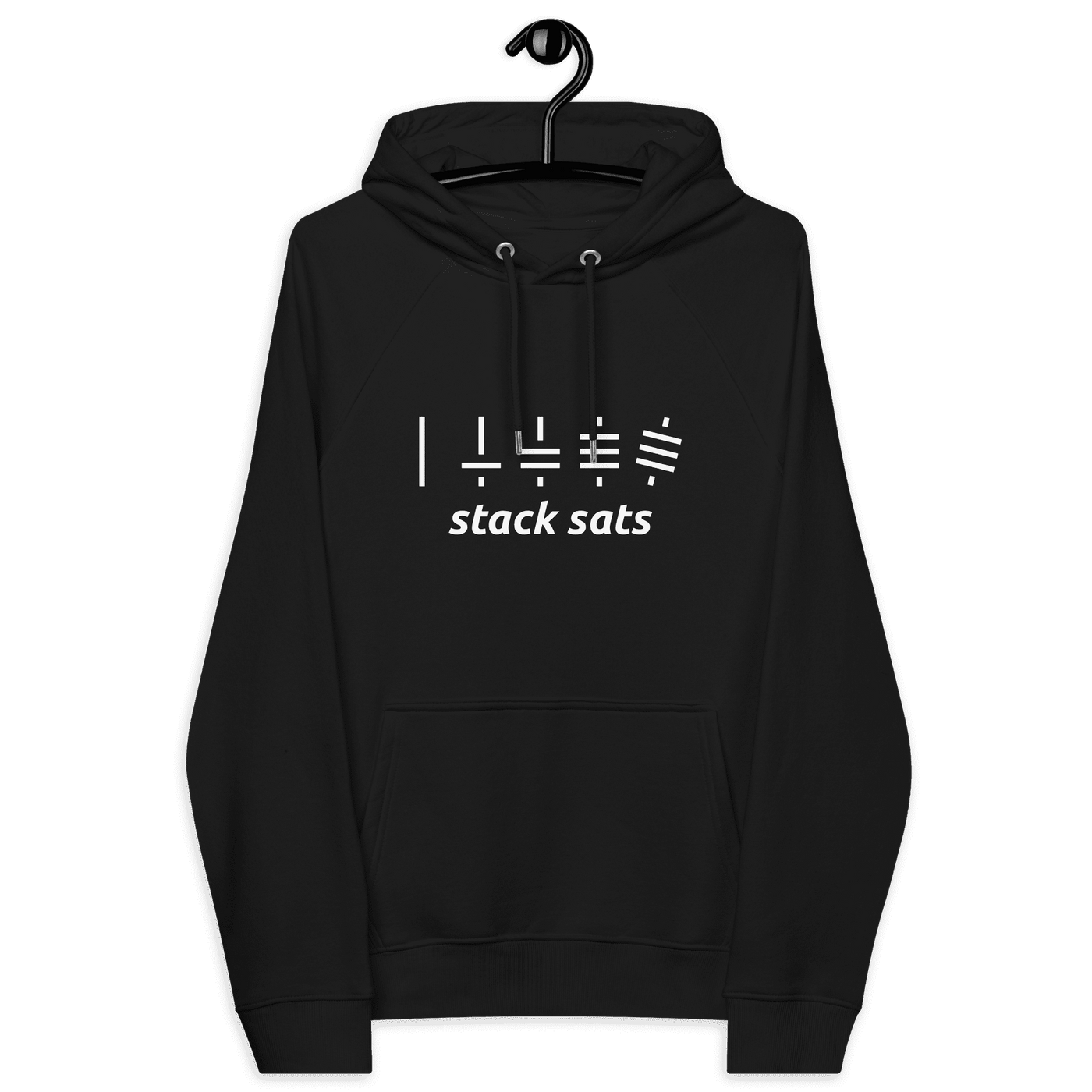 Black Eco Raglan Bitcoin hoodie with white "stack sats" design and Bitcoin stacking graphic