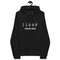 Black Eco Raglan Bitcoin hoodie with white "stack sats" design and Bitcoin stacking graphic