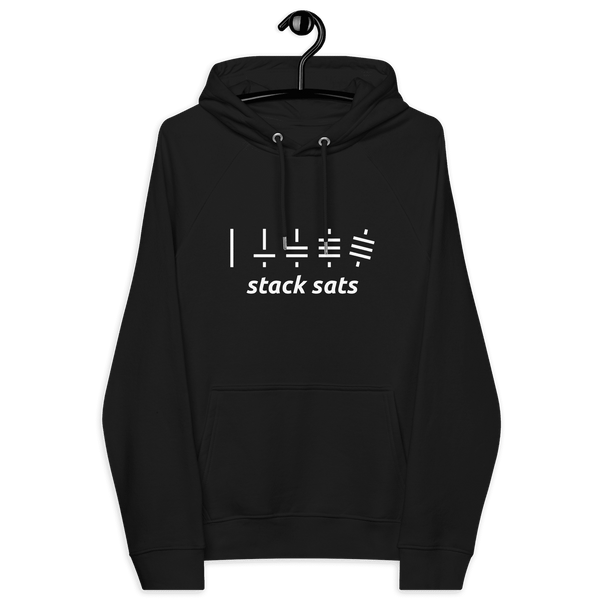 Black Eco Raglan Bitcoin hoodie with white "stack sats" design and Bitcoin stacking graphic