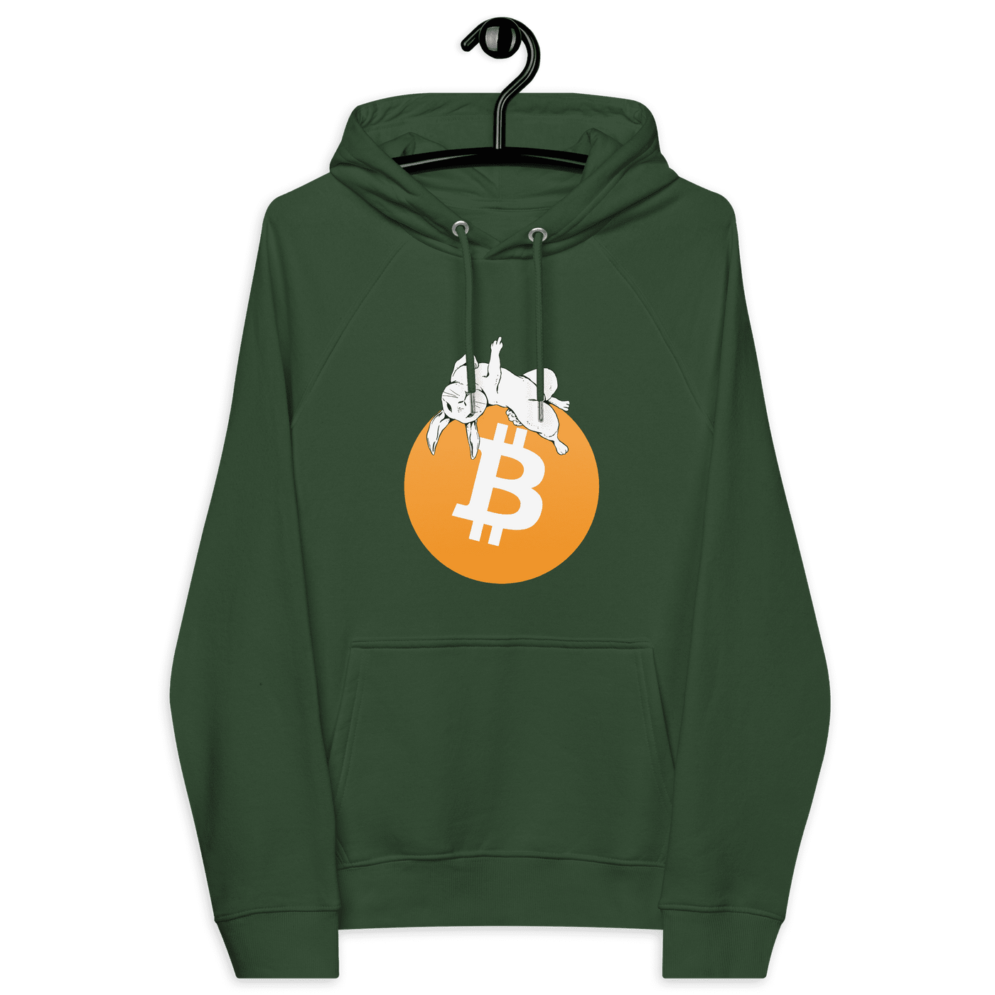 Dark green unisex bitcoin hoodie with white rabbit on orange bitcoin logo design