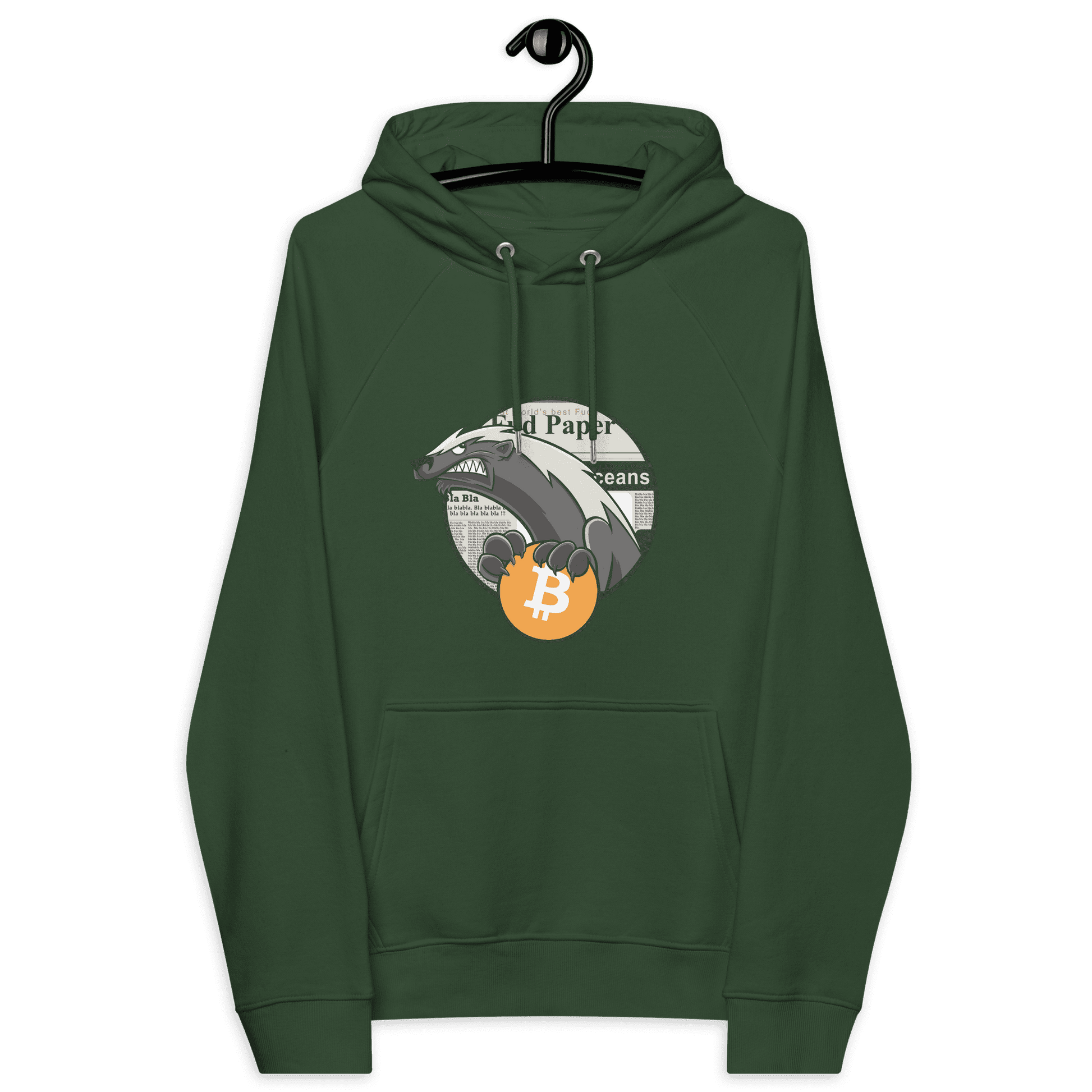 Front view of a bottle green colored bitcoin hoodie.