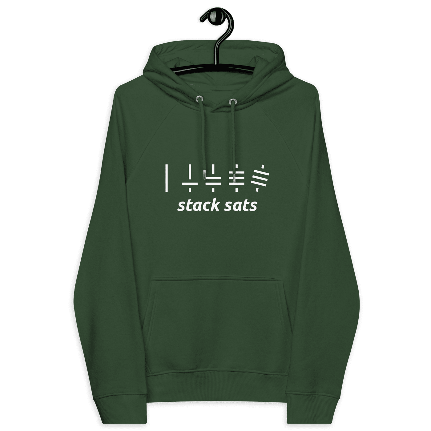 Front view of a bottle green colored bitcoin hoodie.