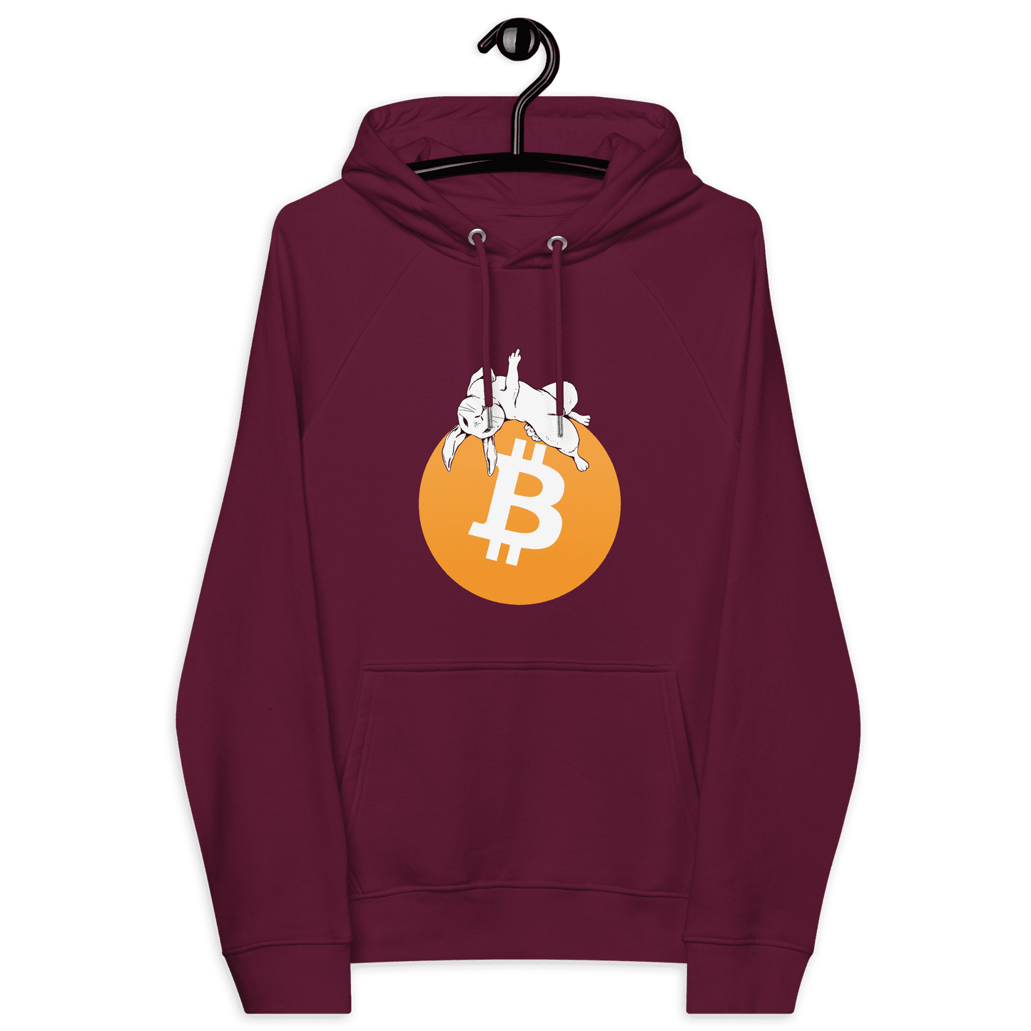 Front view of a burgundy bitcoin hoodie.