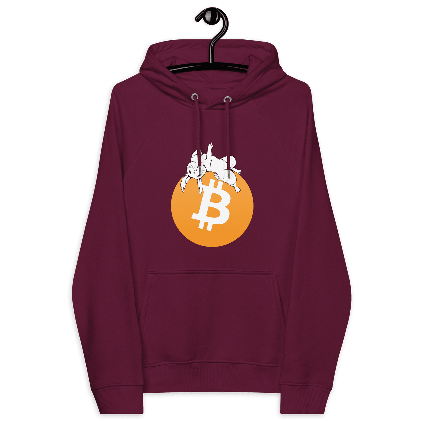 Maroon eco-friendly unisex bitcoin hoodie with white rabbit and bitcoin logo design